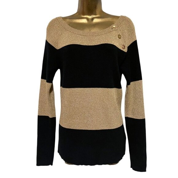 Lauren Ralph Lauren Sweater L Ribbed Boat Neck Gold Metallic Asymmetric Party - Picture 1 of 8